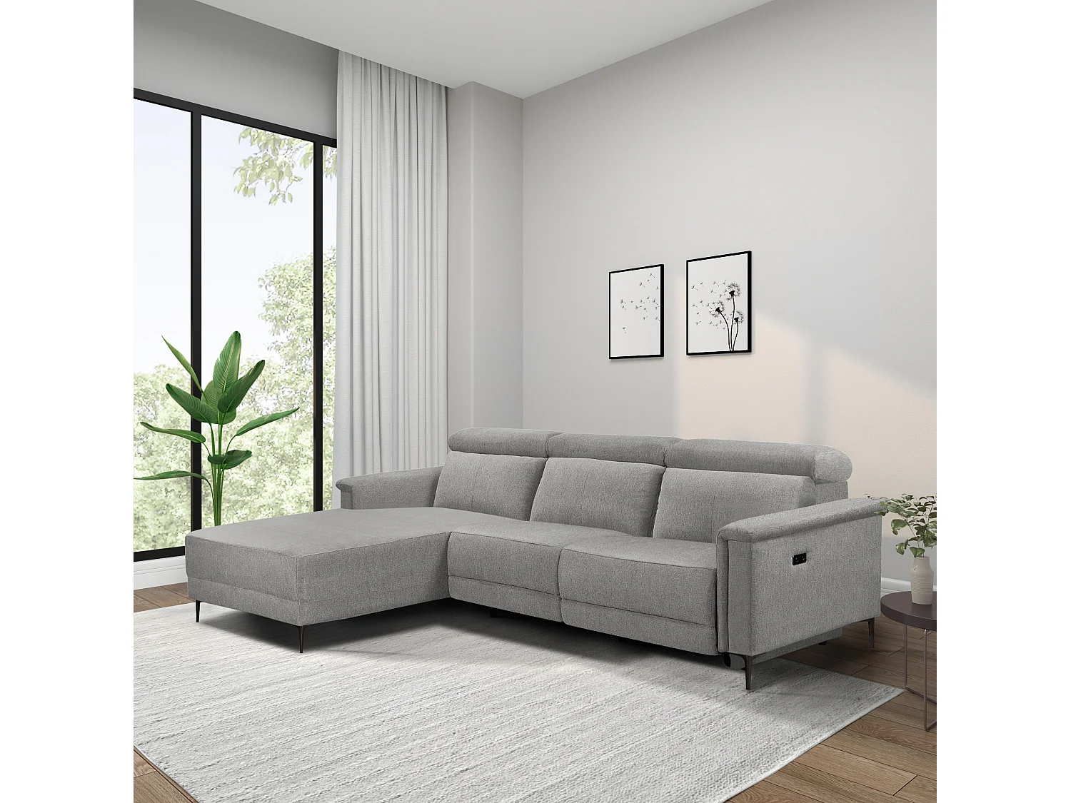 Lund | Canapé chaise lounge avec 1 fauteuil inclinable électrique en tissu gris clair
