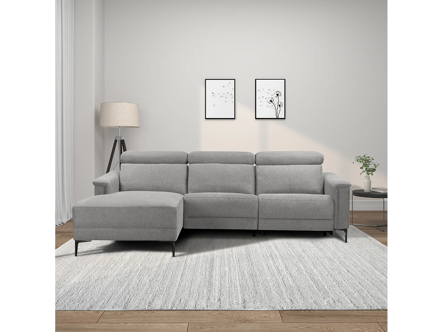 Lund | Canapé chaise lounge avec 1 fauteuil inclinable électrique en tissu gris clair