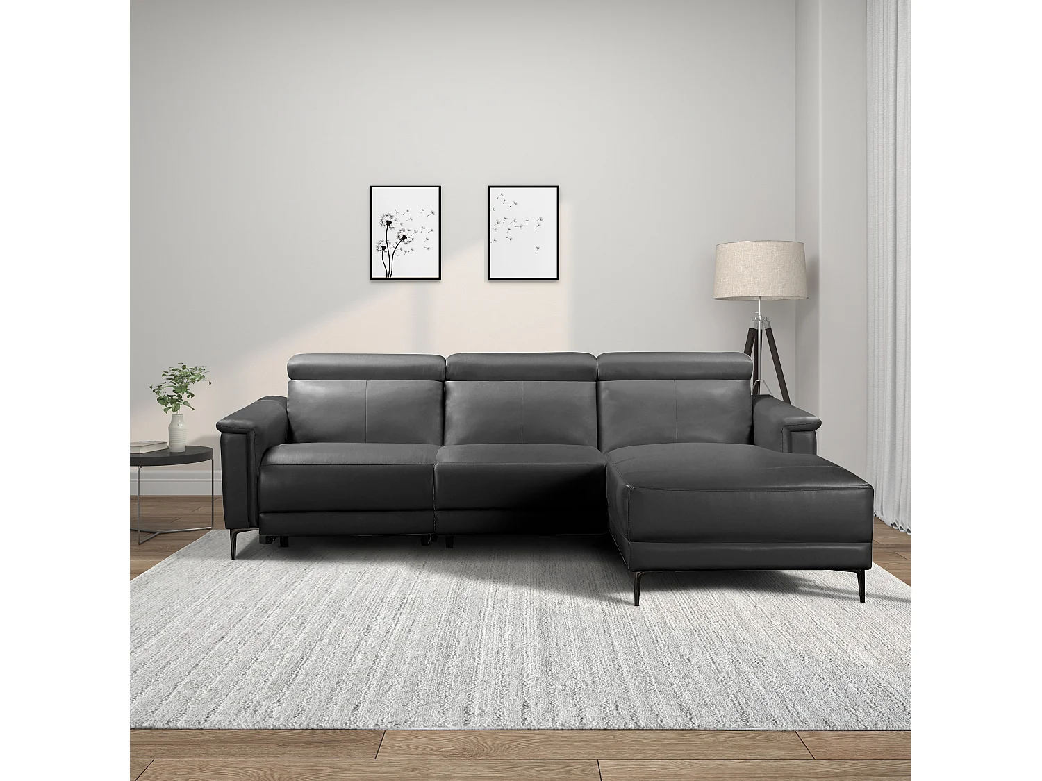 Lund | Canapé chaise longue avec 1 fauteuil inclinable électrique en noire Leacuir artificiel