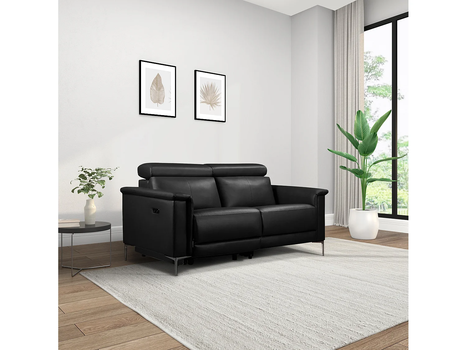 Lund | Canapé 2 places avec 1 fauteuil inclinable électrique en cuir artificiel cuir noir