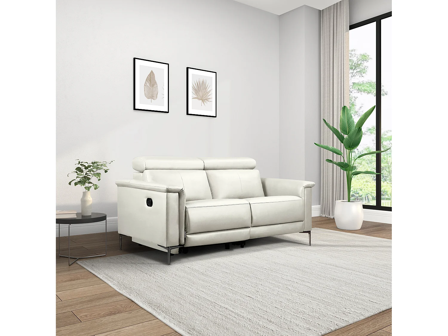 Lund | Canapé 2 places avec 1 fauteuil inclinable manuelleuel en cuir artificiel crème