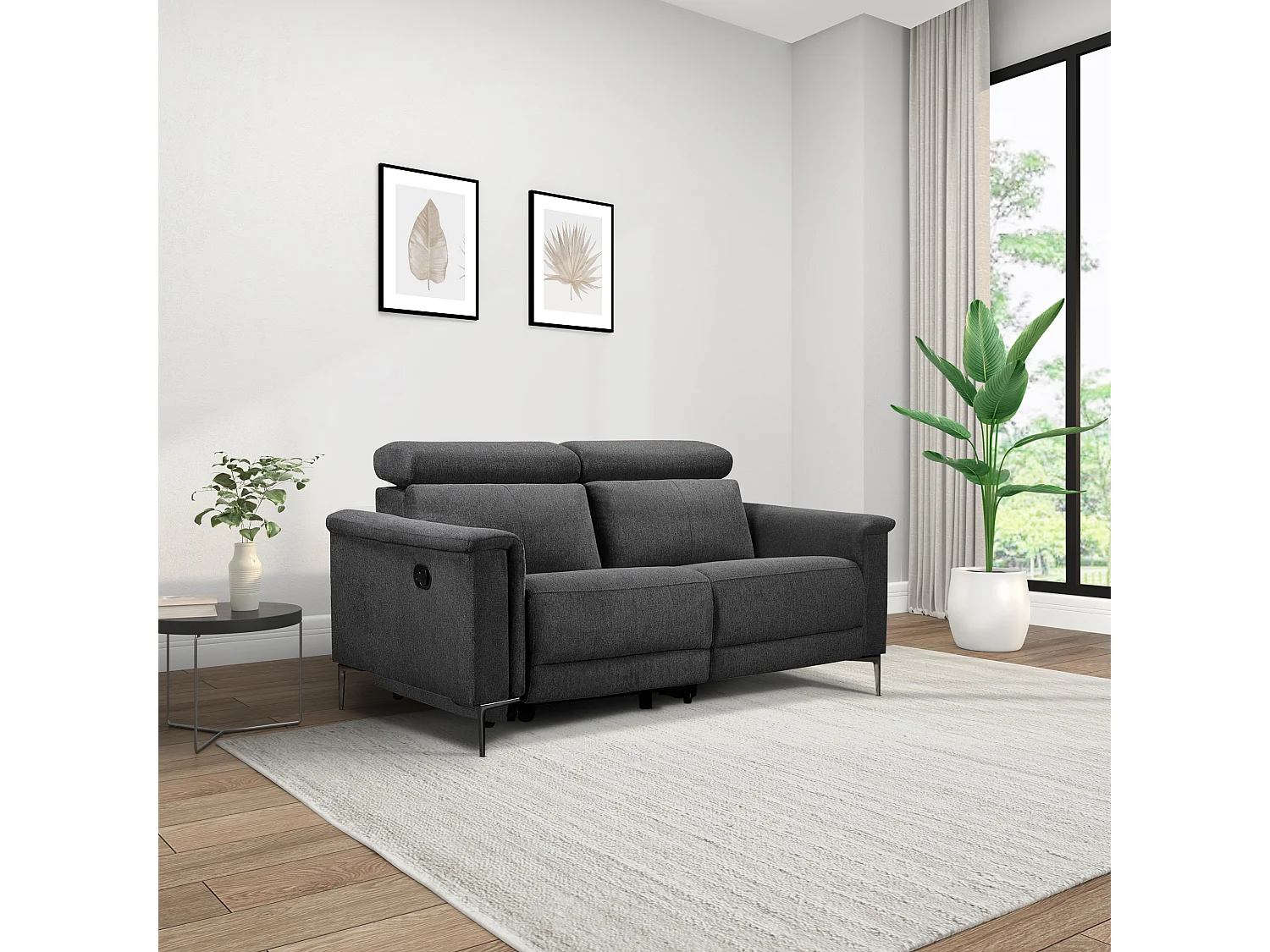 Lund | Canapé 2 places avec une fonction de fauteuil inclinable manuelleuel en gris tissu