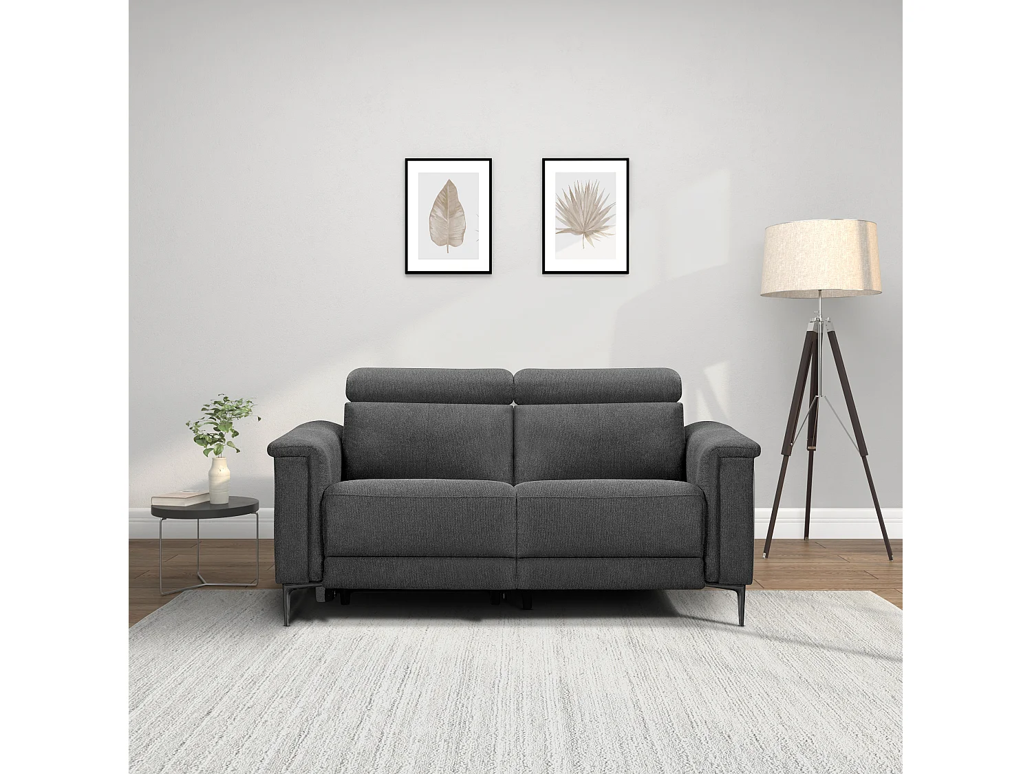 Lund | Canapé 2 places avec une fonction de fauteuil inclinable manuelleuel en gris tissu