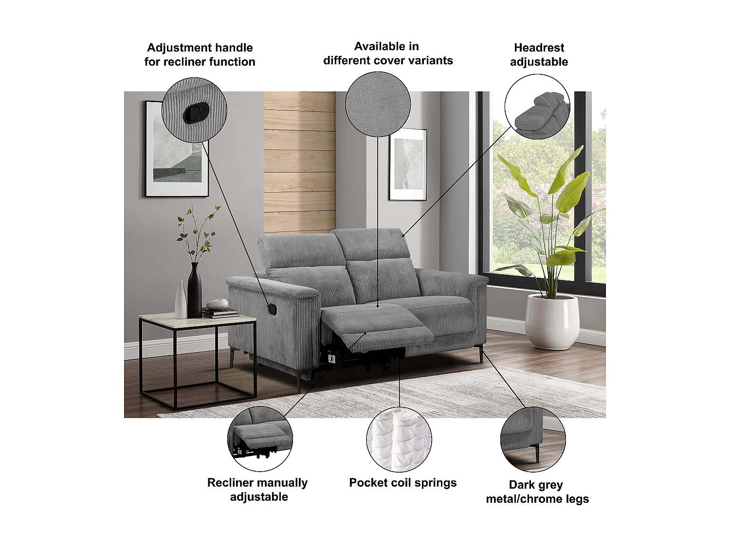 Lund | Canapé 2 places avec une fonction de fauteuil inclinable manuelleuel en gris tissu