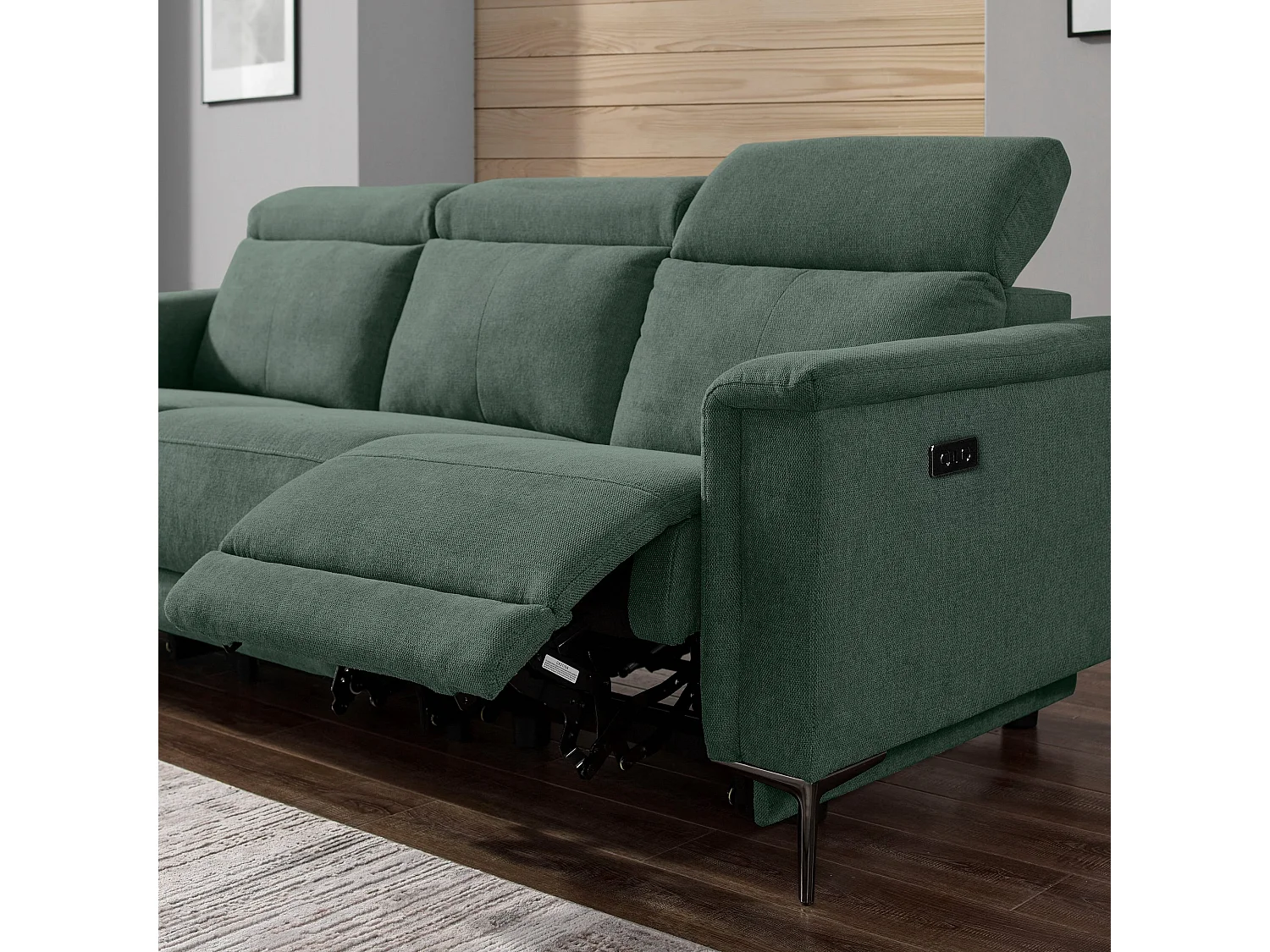 Lund | Canapé 3 places avec 2 fauteuils inclinables électriques en tissu vert foncé