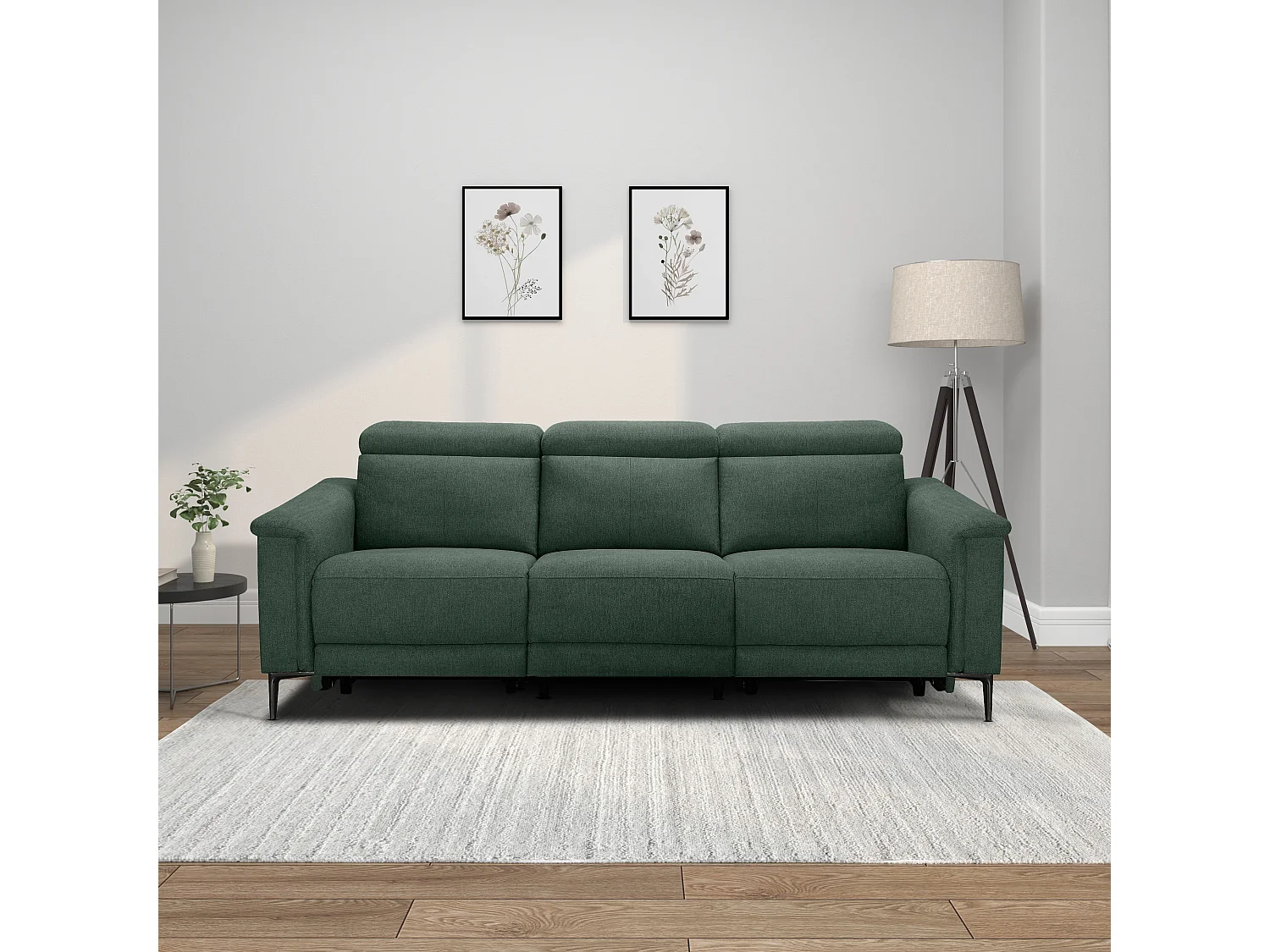 Lund | Canapé 3 places avec 2 fauteuils inclinables électriques en tissu vert foncé