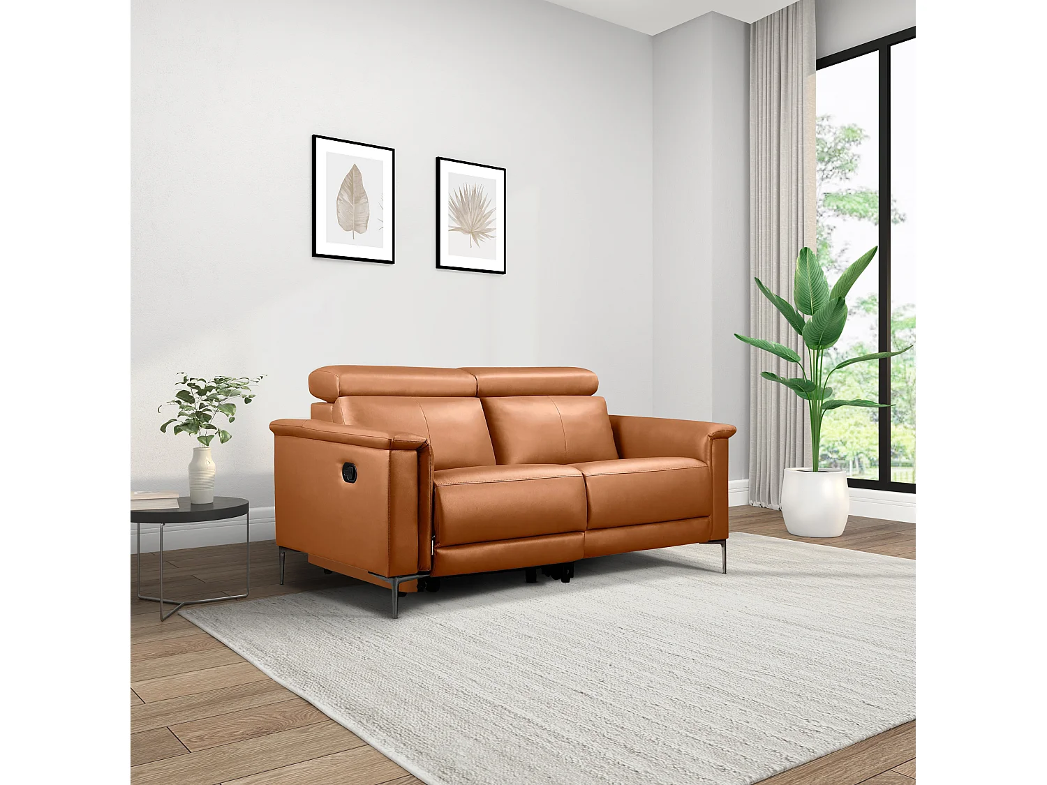 Lund | Canapé 2 places avec 1 fauteuil inclinable manuelleuel en cuir artificiel Cognac