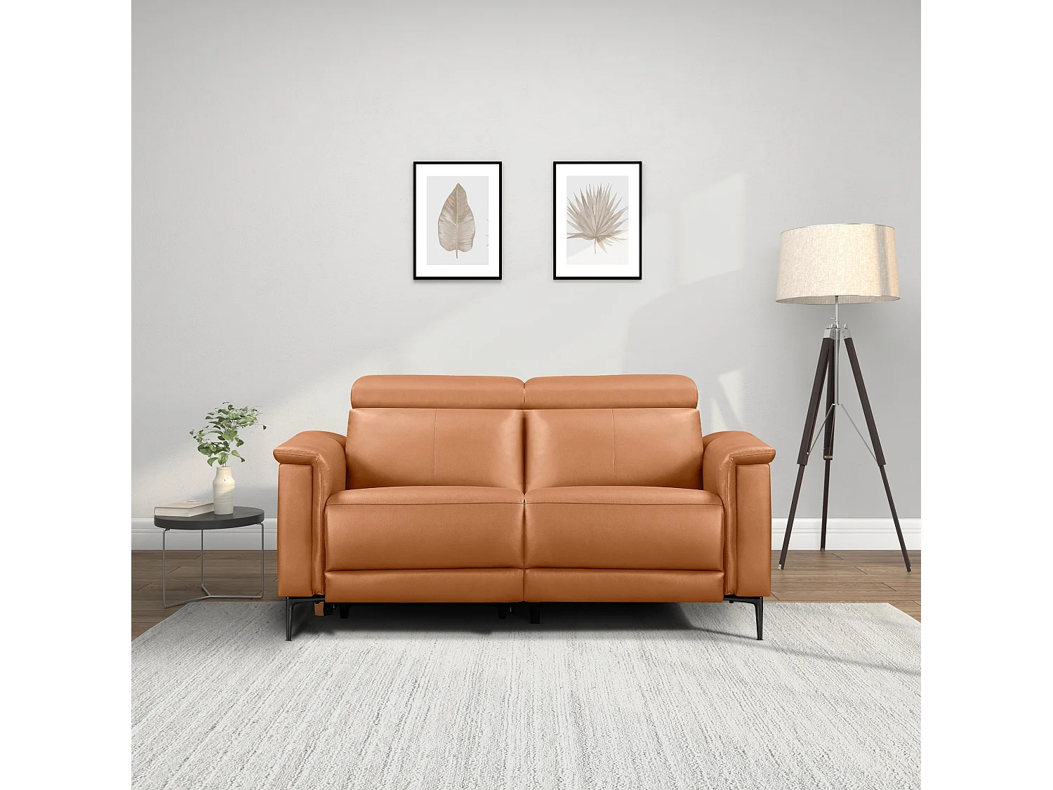 Lund | Canapé 2 places avec 1 fauteuil inclinable manuelleuel en cuir artificiel Cognac