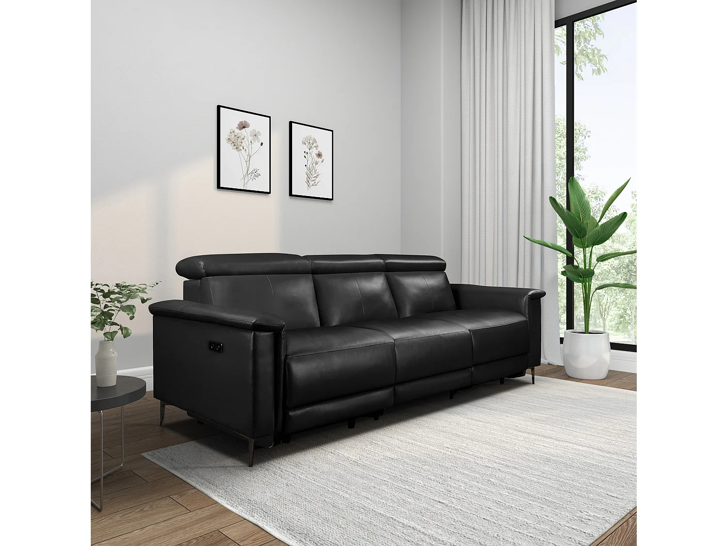 Lund | Canapé 3 places avec 2 fauteuils inclinables électriques en noire Leacuir artificiel