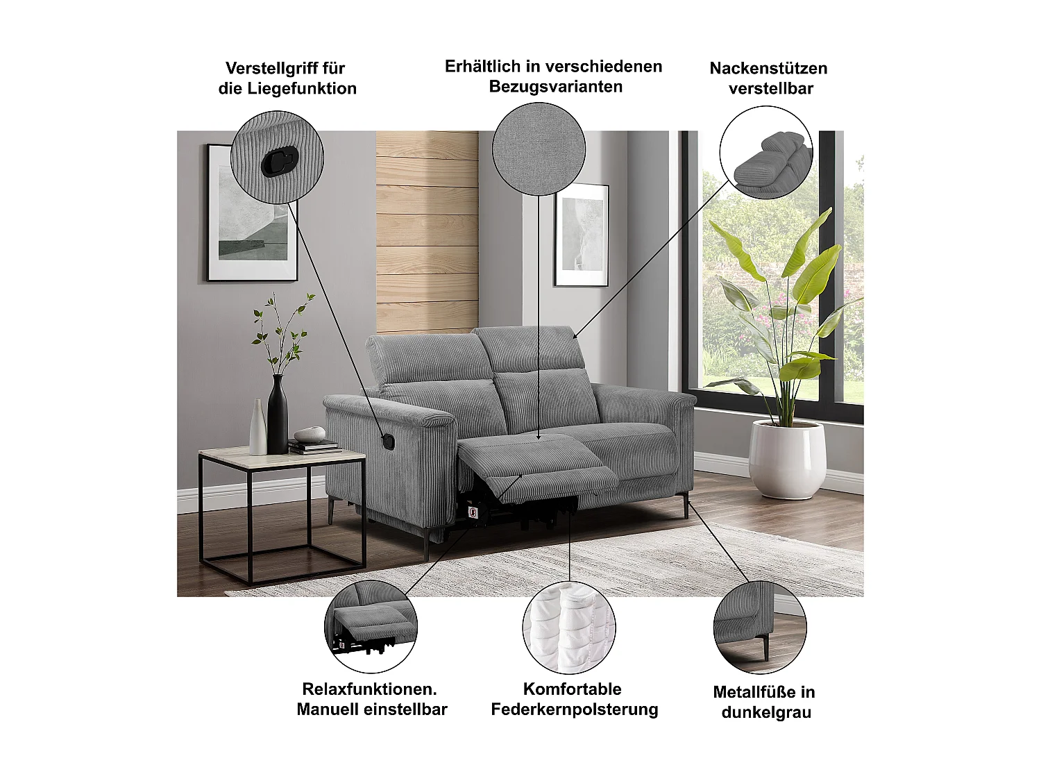 Lund | Canapé 2 places avec 1 fauteuil inclinable manuelleuel en noir cuir artificiel