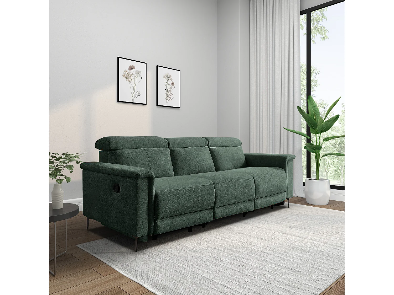 Lund | Canapé 3 places avec fauteuil inclinable 2 manuelleuels en tissu vert foncé