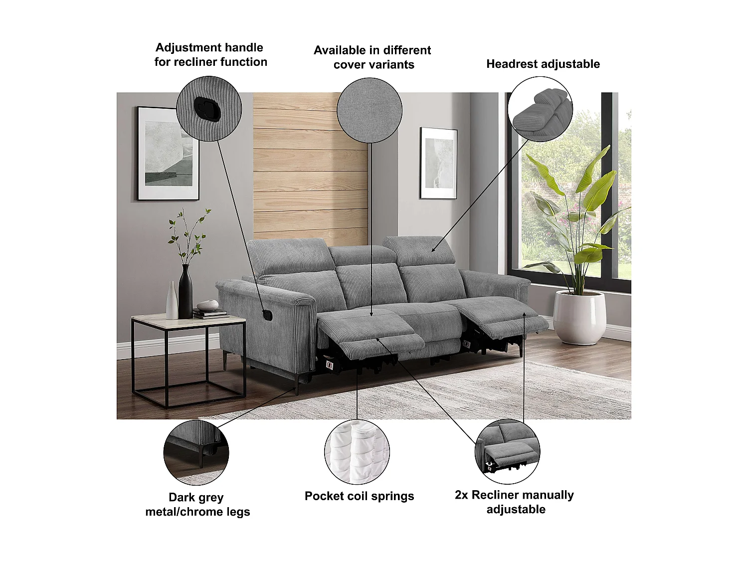 Lund | Canapé 3 places avec fauteuil inclinable 2 manuelleuels en tissu vert foncé