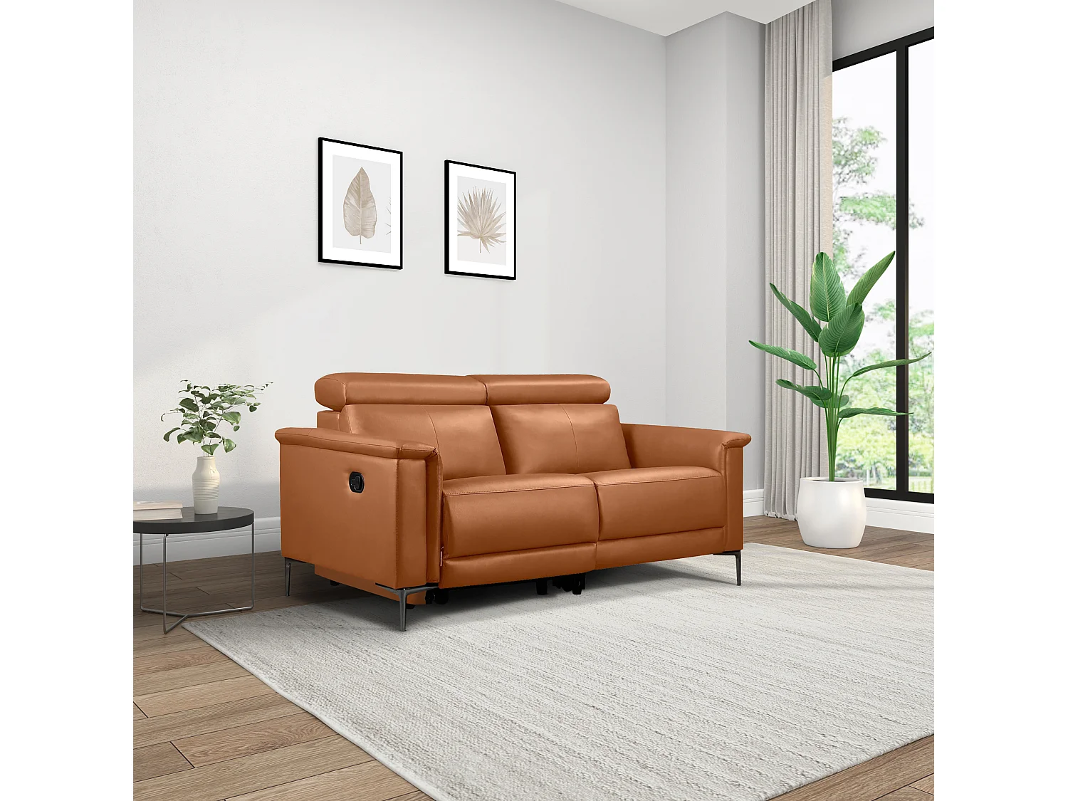Lund | Canapé 2 places avec 1 fauteuil inclinable manuelleuel en cuir artificiel Cognac