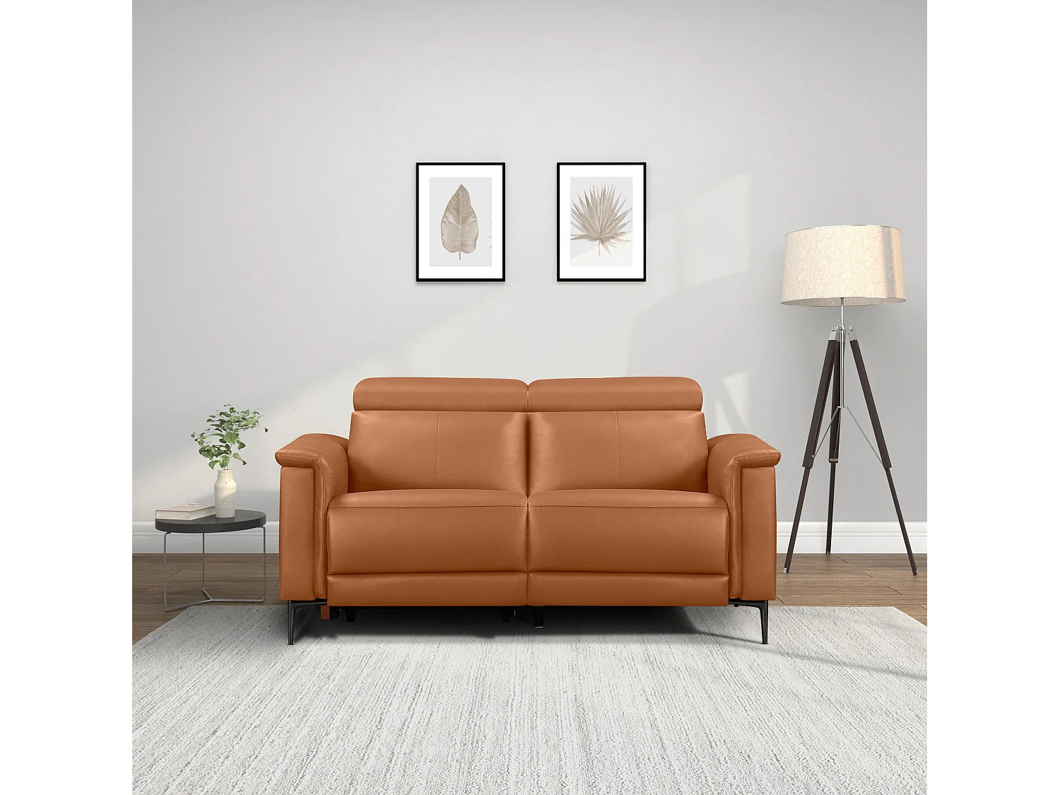 Lund | Canapé 2 places avec 1 fauteuil inclinable manuelleuel en cuir artificiel Cognac