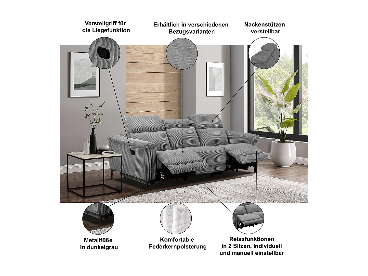 Lund | Canapé 3 places avec fauteuil inclinable 2 manuelleuels en cuir artificiel crème