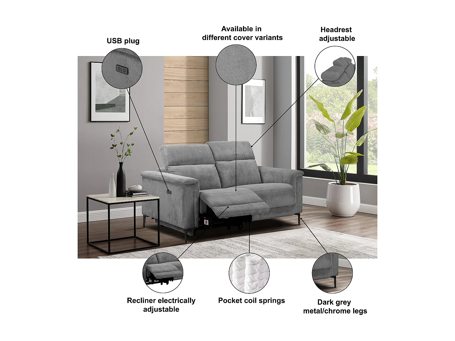 Lund | Canapé 2 places avec 1 fauteuil inclinable électrique en cuir artificiel gris