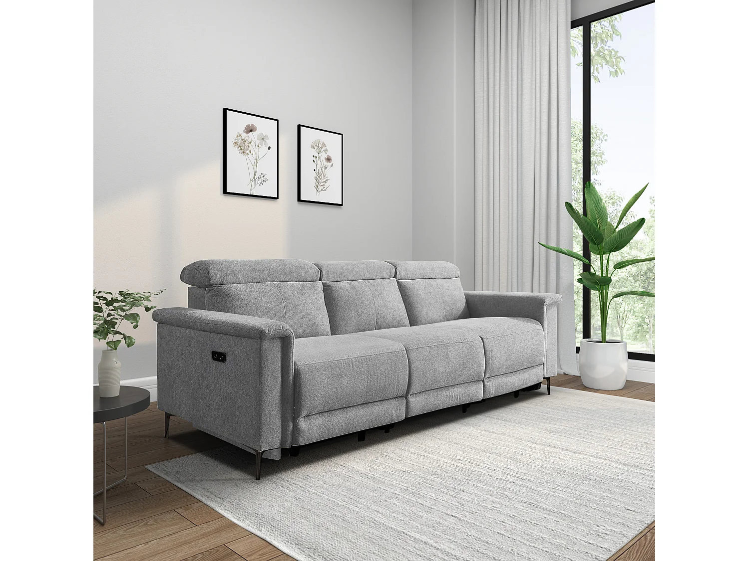 Lund | Canapé 3 places avec 2 fauteuils inclinables électriques en tissu gris clair