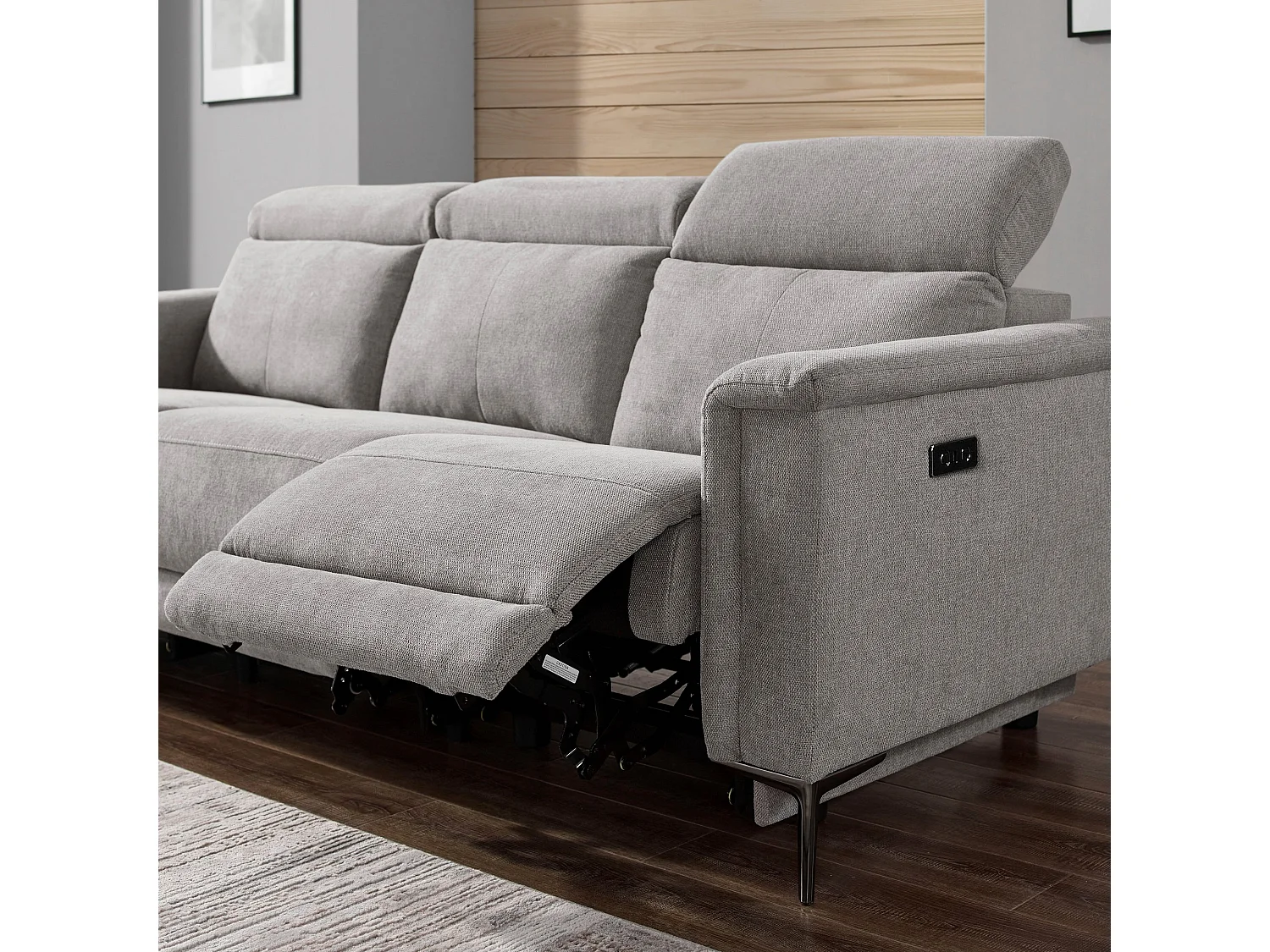 Lund | Canapé 3 places avec 2 fauteuils inclinables électriques en tissu gris clair