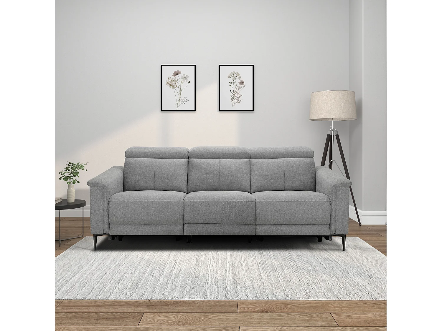 Lund | Canapé 3 places avec 2 fauteuils inclinables électriques en tissu gris clair