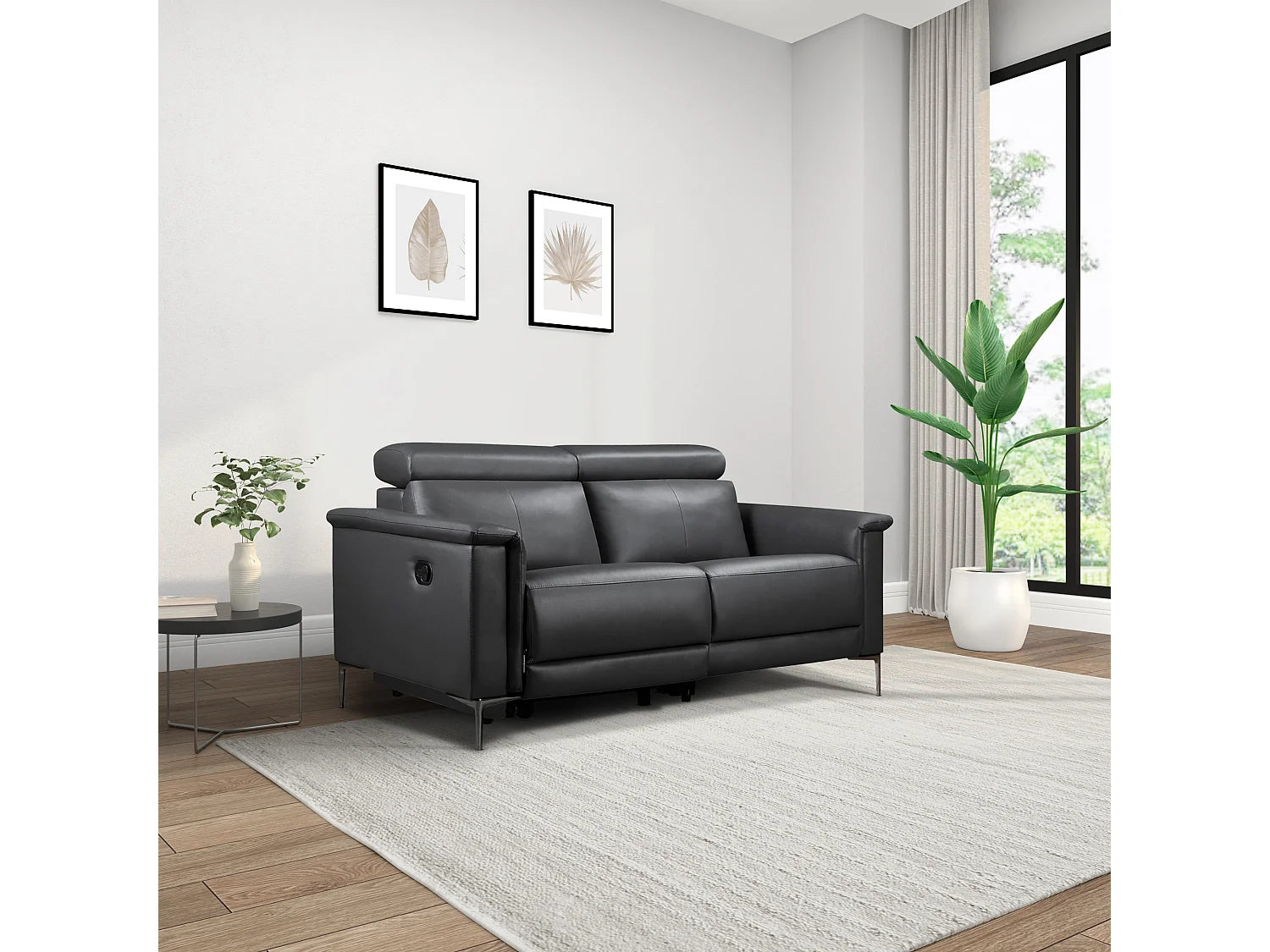 Lund | Canapé 2 places avec 1 fauteuil inclinable manuelleuel en gris cuir artificiel