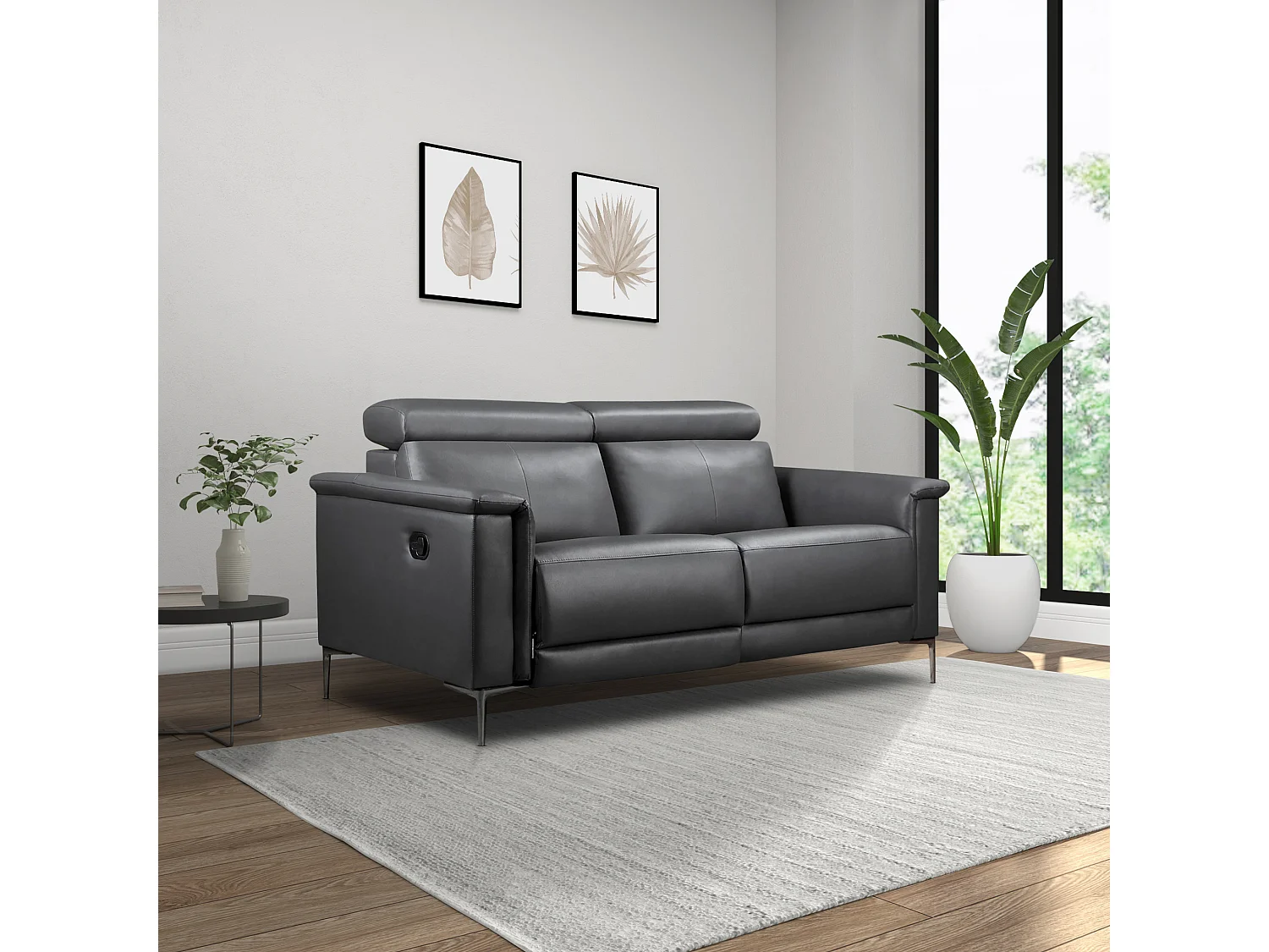 Lund | Canapé 2 places avec 1 fauteuil inclinable manuelleuel en gris cuir artificiel