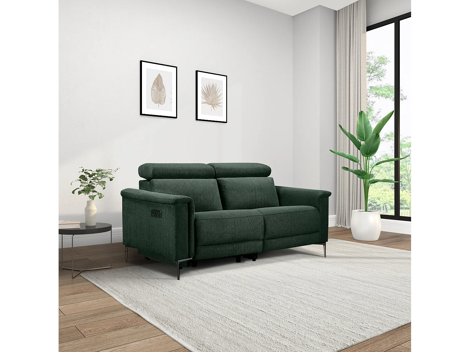 Lund | Canapé 2 places avec 1 fauteuil inclinable électrique en tissu vert foncé