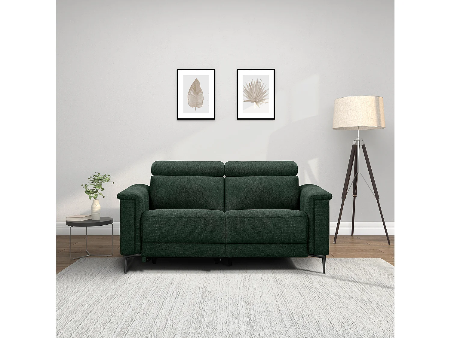 Lund | Canapé 2 places avec 1 fauteuil inclinable électrique en tissu vert foncé