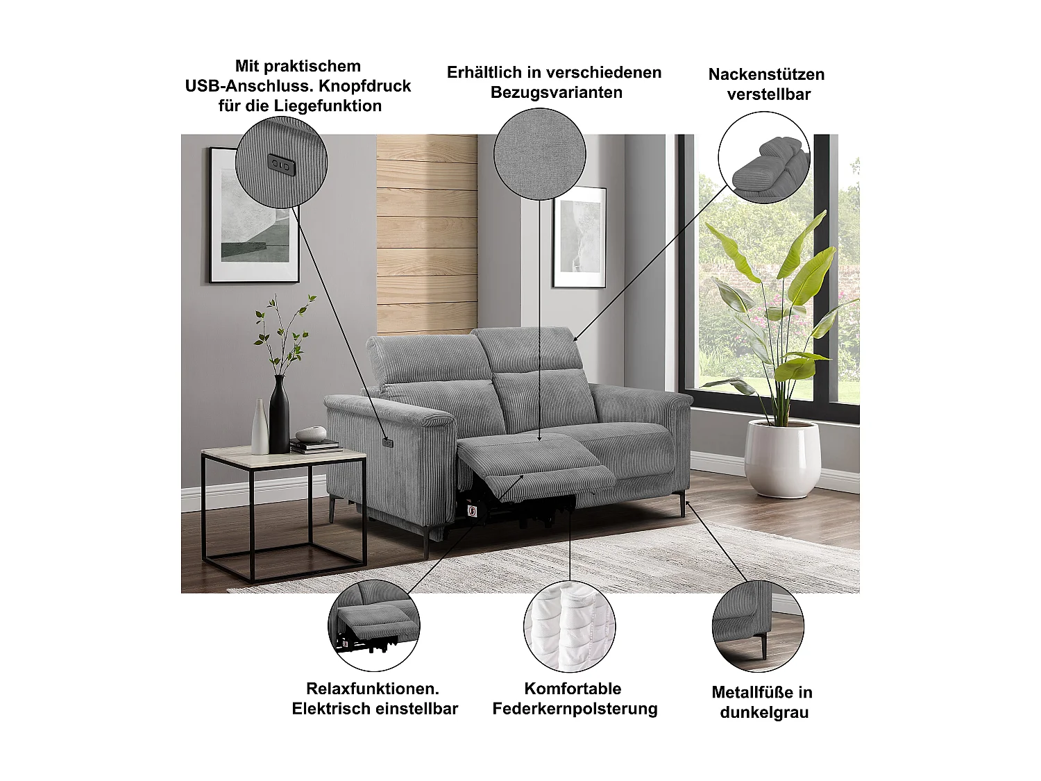 Lund | Canapé 2 places avec 1 fauteuil inclinable électrique en tissu vert foncé