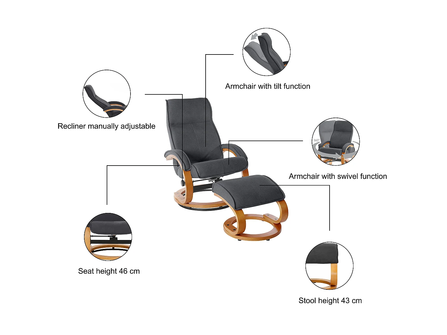 Lille | Fauteuil inclinable + Tabouret