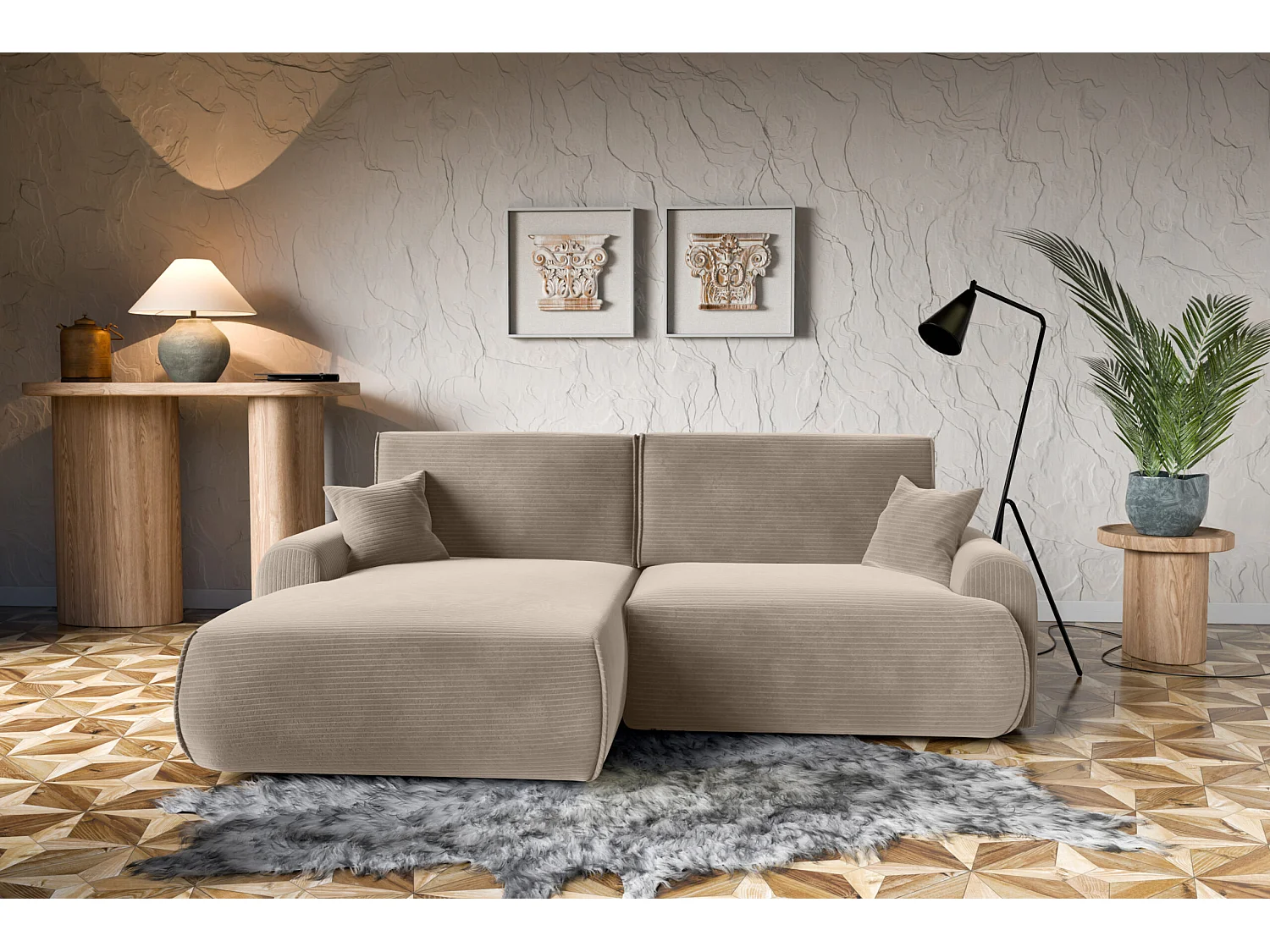 Linker hoekslaapbank Noboo met slaapfunctie en opbergbox in beige – rechtstreeks van de fabrikant, levering en montage gratis!