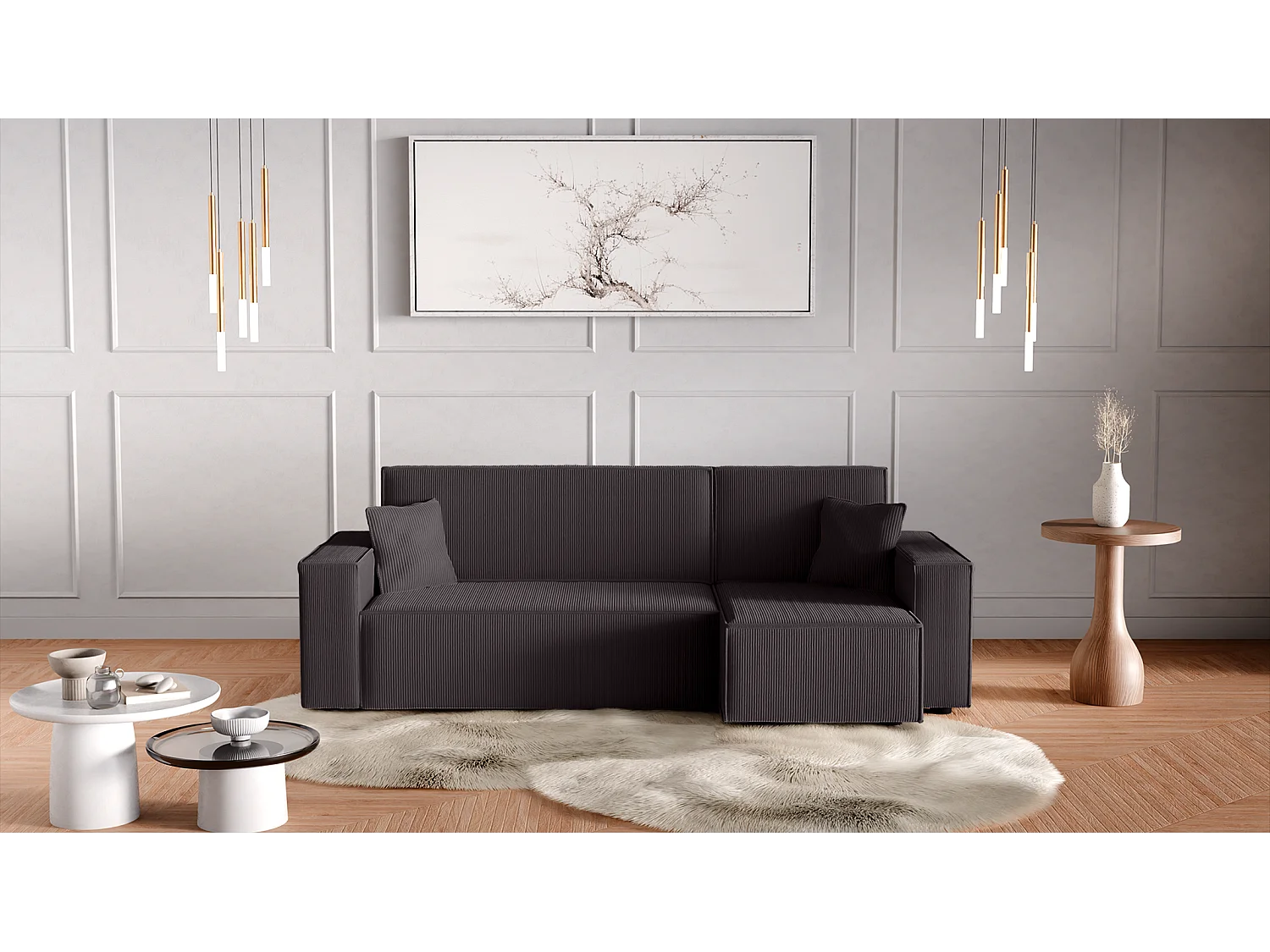 Hoekbank uitschuifbaar in ribfluweel grijs Karl L PREMIUM
