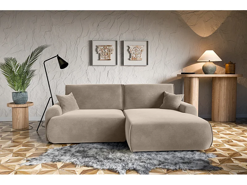 Divano letto angolare destro Noboo con vano contenitore in beige – direttamente dal produttore, consegna e installazione gratuite