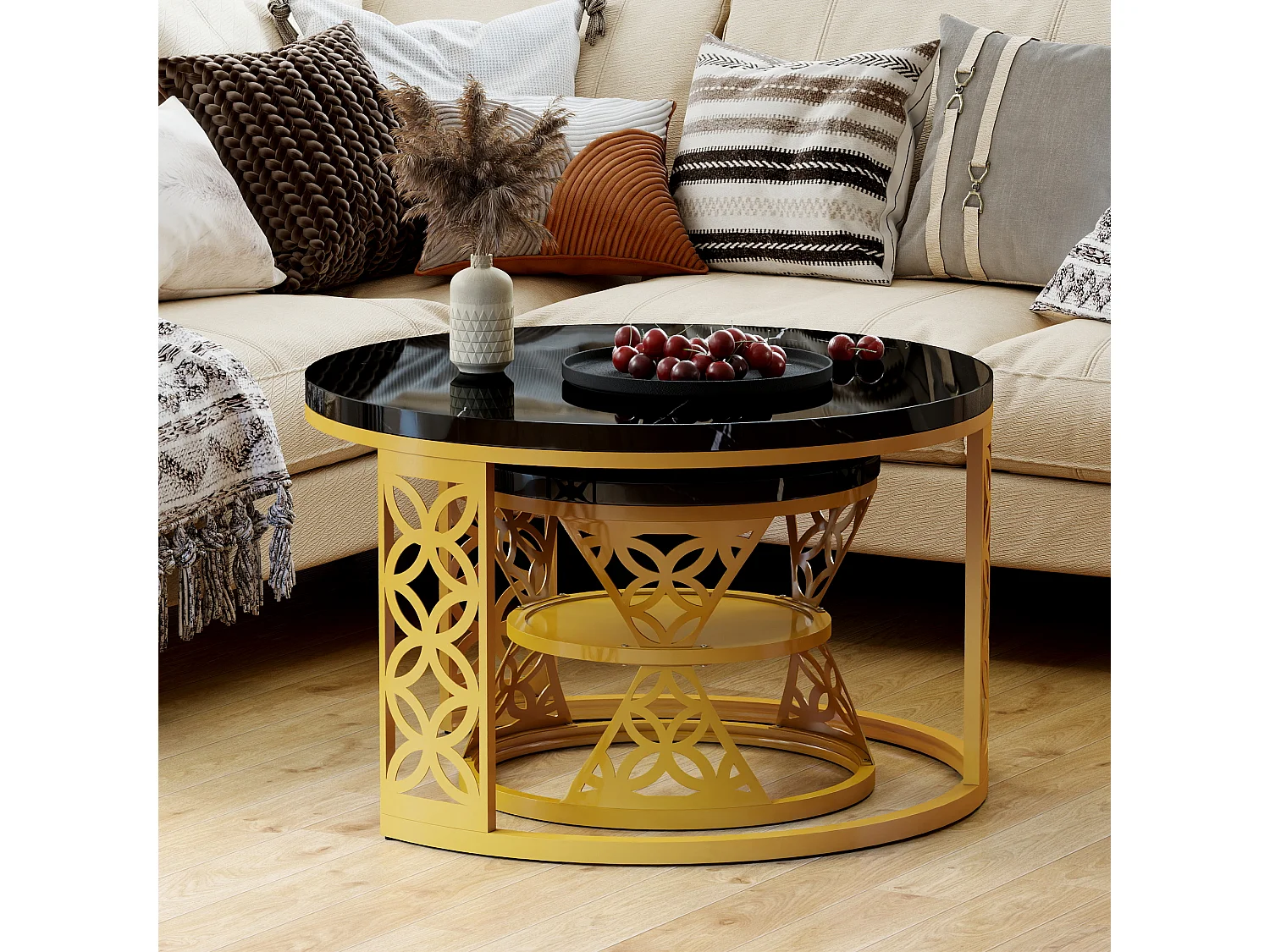 Table basse design bicolore (ensemble de 2, table gigogne, 70×70×45 cm + 45×45×37 cm), finition marbre