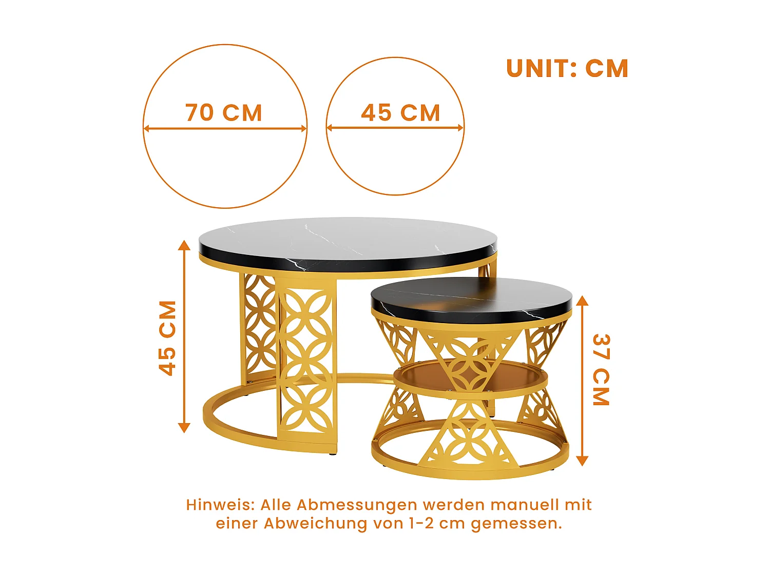 Table basse design bicolore (ensemble de 2, table gigogne, 70×70×45 cm + 45×45×37 cm), finition marbre
