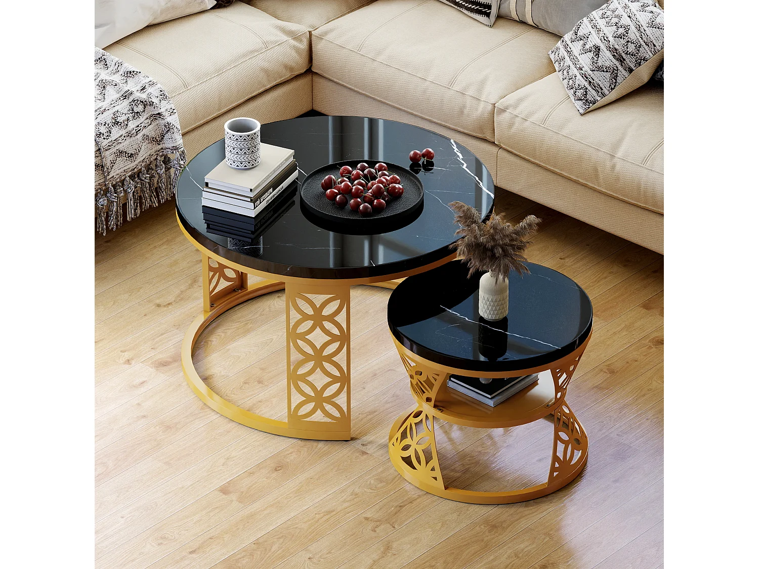 Table basse design bicolore (ensemble de 2, table gigogne, 70×70×45 cm + 45×45×37 cm), finition marbre