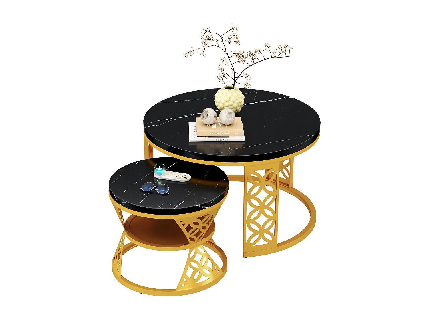 Table basse design bicolore (ensemble de 2, table gigogne, 70×70×45 cm + 45×45×37 cm), finition marbre