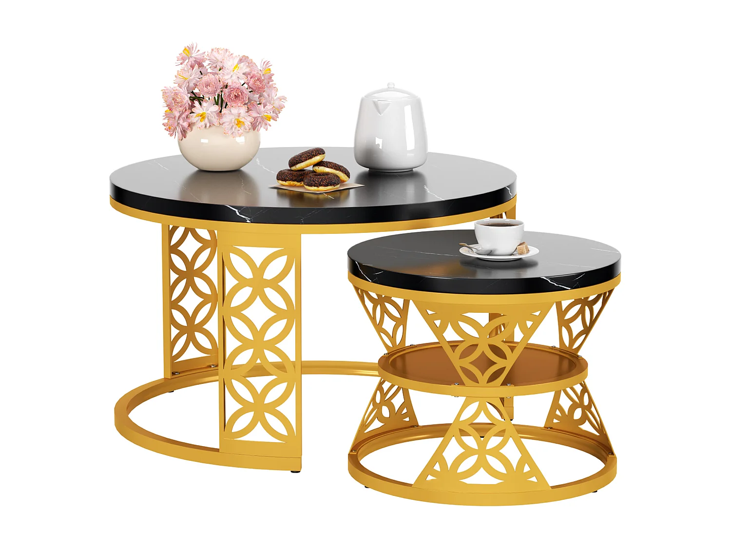 Table basse design bicolore (ensemble de 2, table gigogne, 70×70×45 cm + 45×45×37 cm), finition marbre