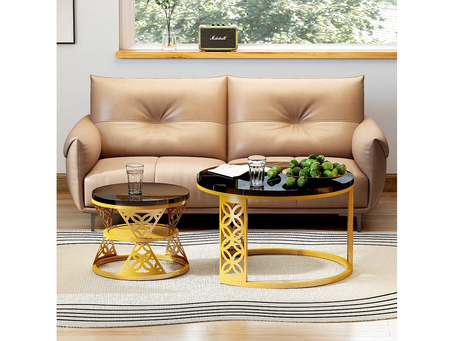 Table basse design bicolore (ensemble de 2, table gigogne, 70×70×45 cm + 45×45×37 cm), finition marbre