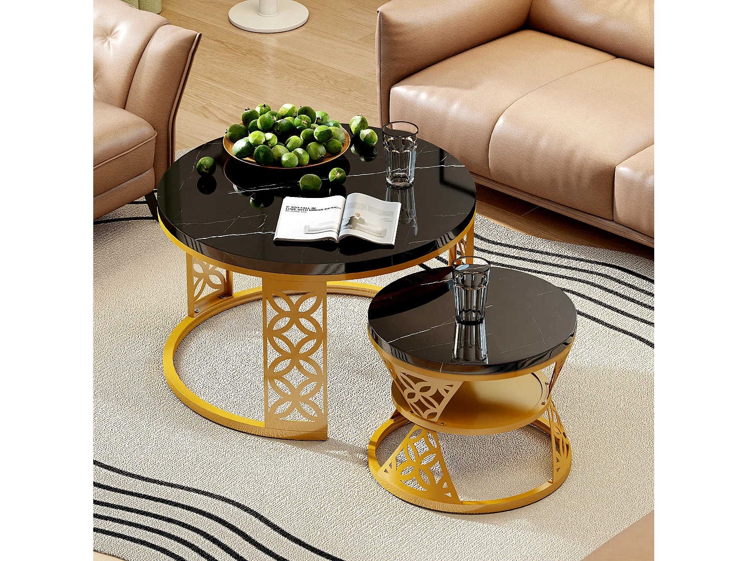 Table basse design bicolore (ensemble de 2, table gigogne, 70×70×45 cm + 45×45×37 cm), finition marbre