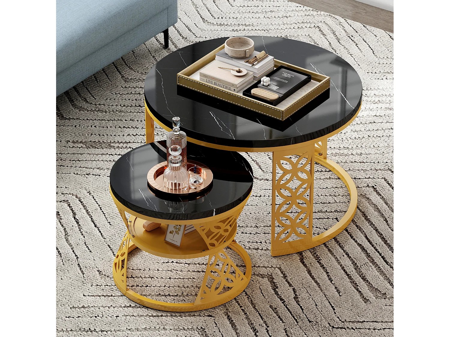 Table basse design bicolore (ensemble de 2, table gigogne, 70×70×45 cm + 45×45×37 cm), finition marbre