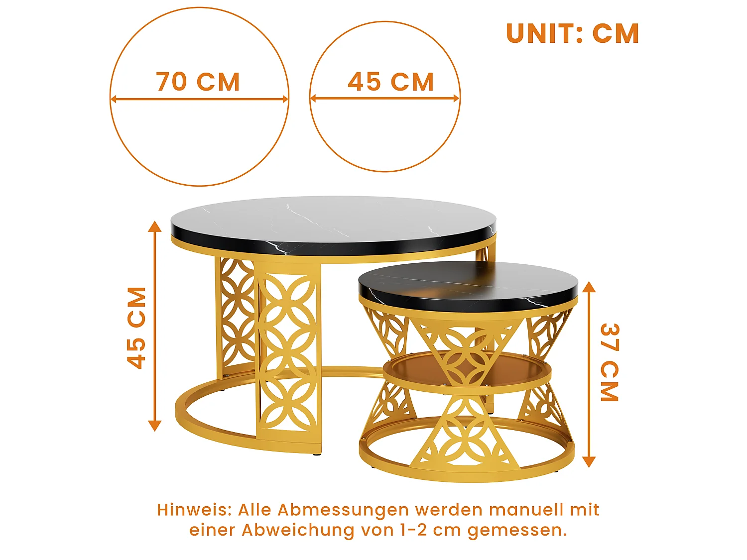 Tables basses métal noir et or, lot de 2, 70 x 70 x 45 cm