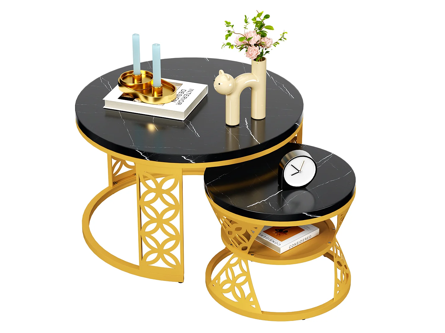 Tables basses métal noir et or, lot de 2, 70 x 70 x 45 cm