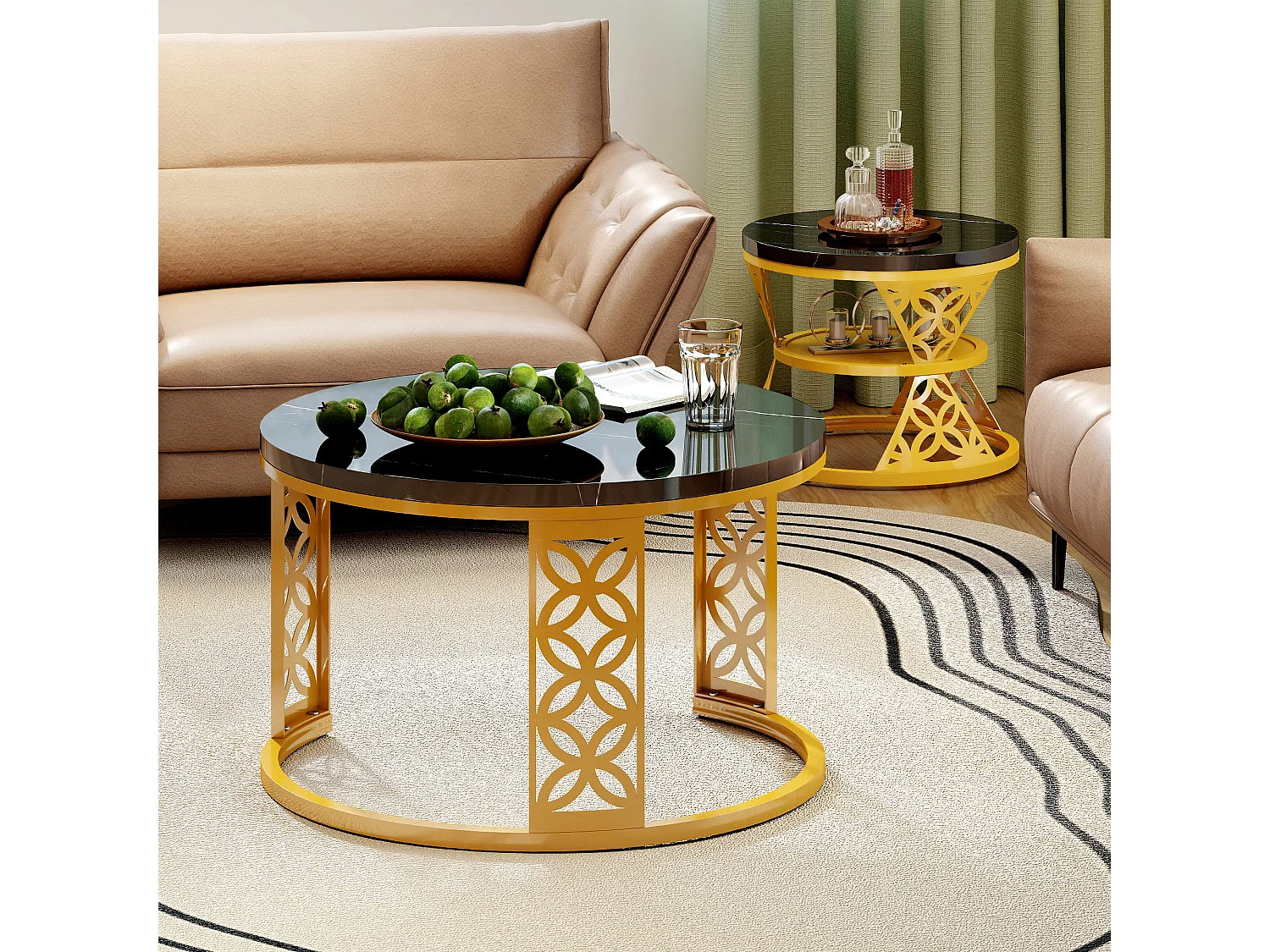 Tables basses métal noir et or, lot de 2, 70 x 70 x 45 cm