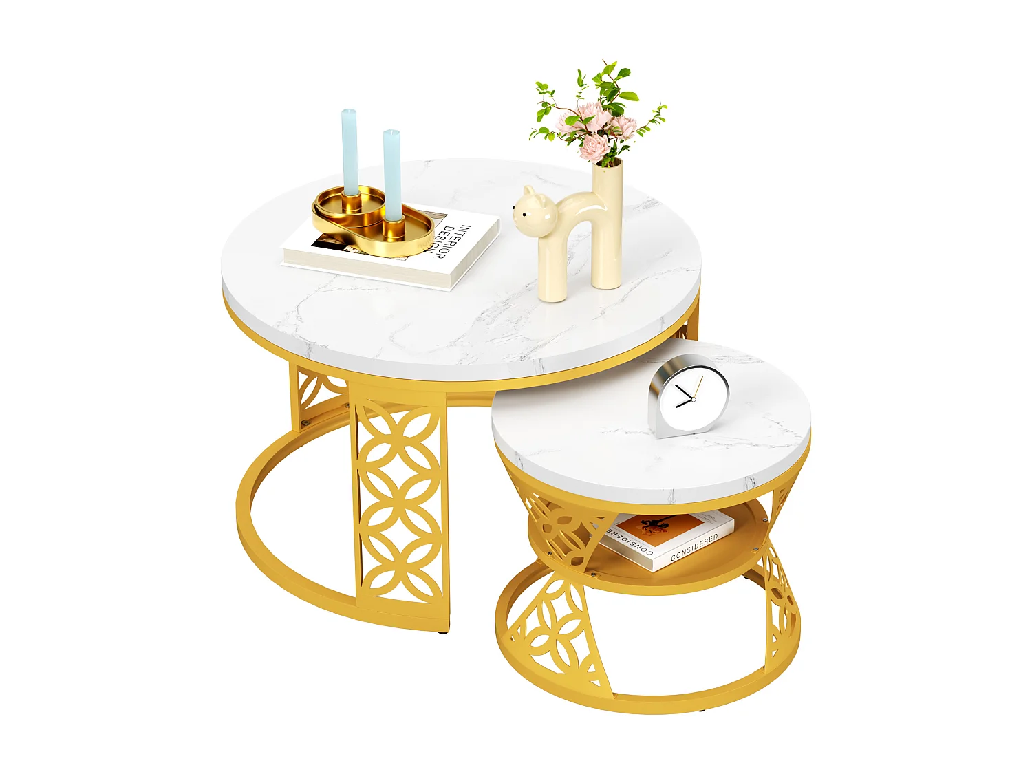 Tables basses gigognes 2 pièces 70×70×45 cm + 45×45×38 cm design contrasté avec placage marbre