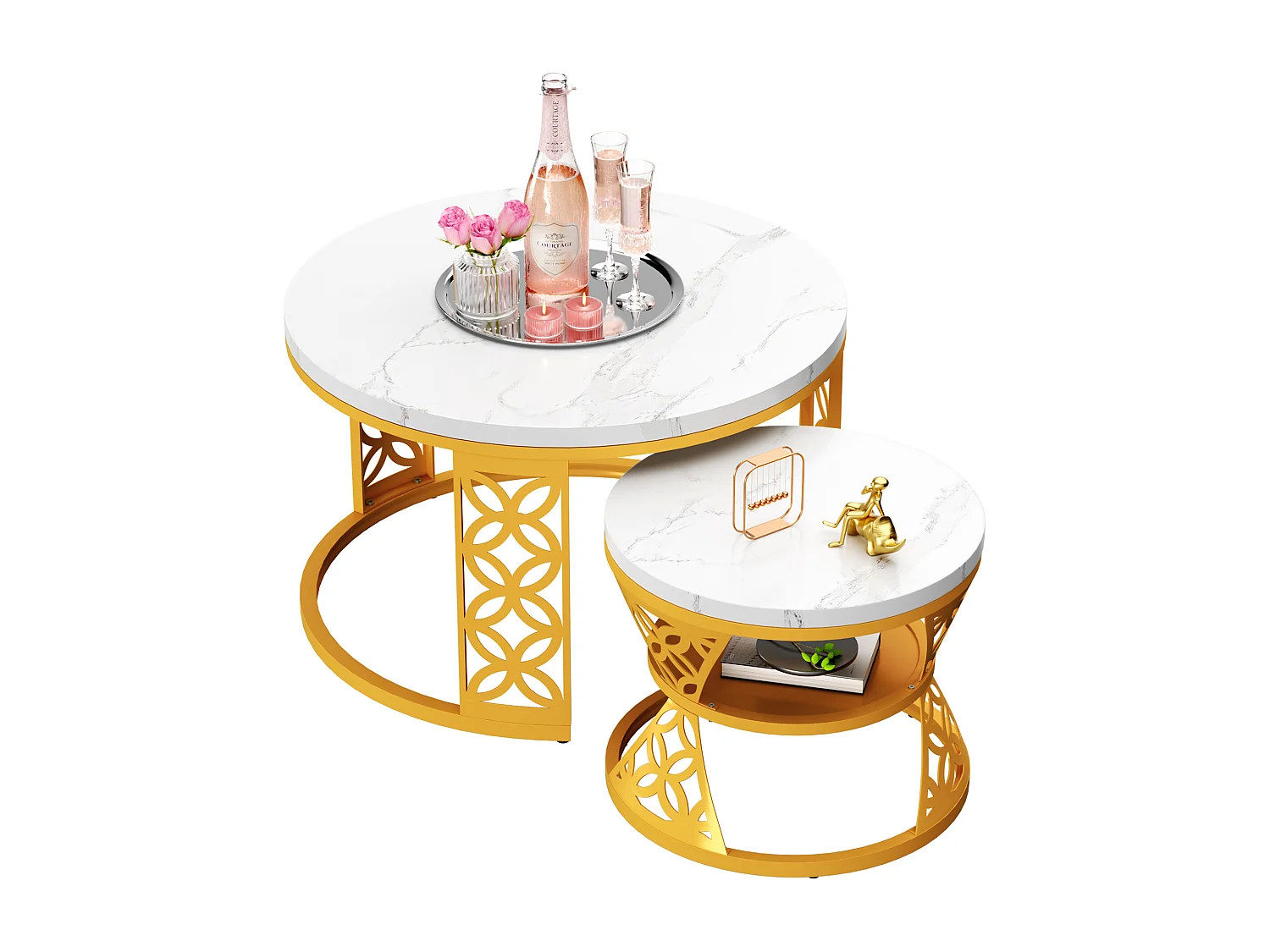 Tables basses gigognes 2 pièces 70×70×45 cm + 45×45×38 cm design contrasté avec placage marbre