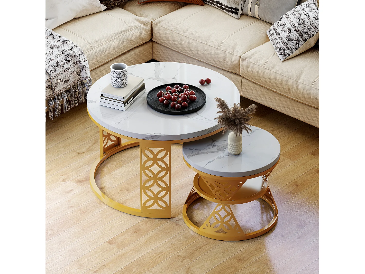 Tables basses gigognes 2 pièces 70×70×45 cm + 45×45×38 cm design contrasté avec placage marbre