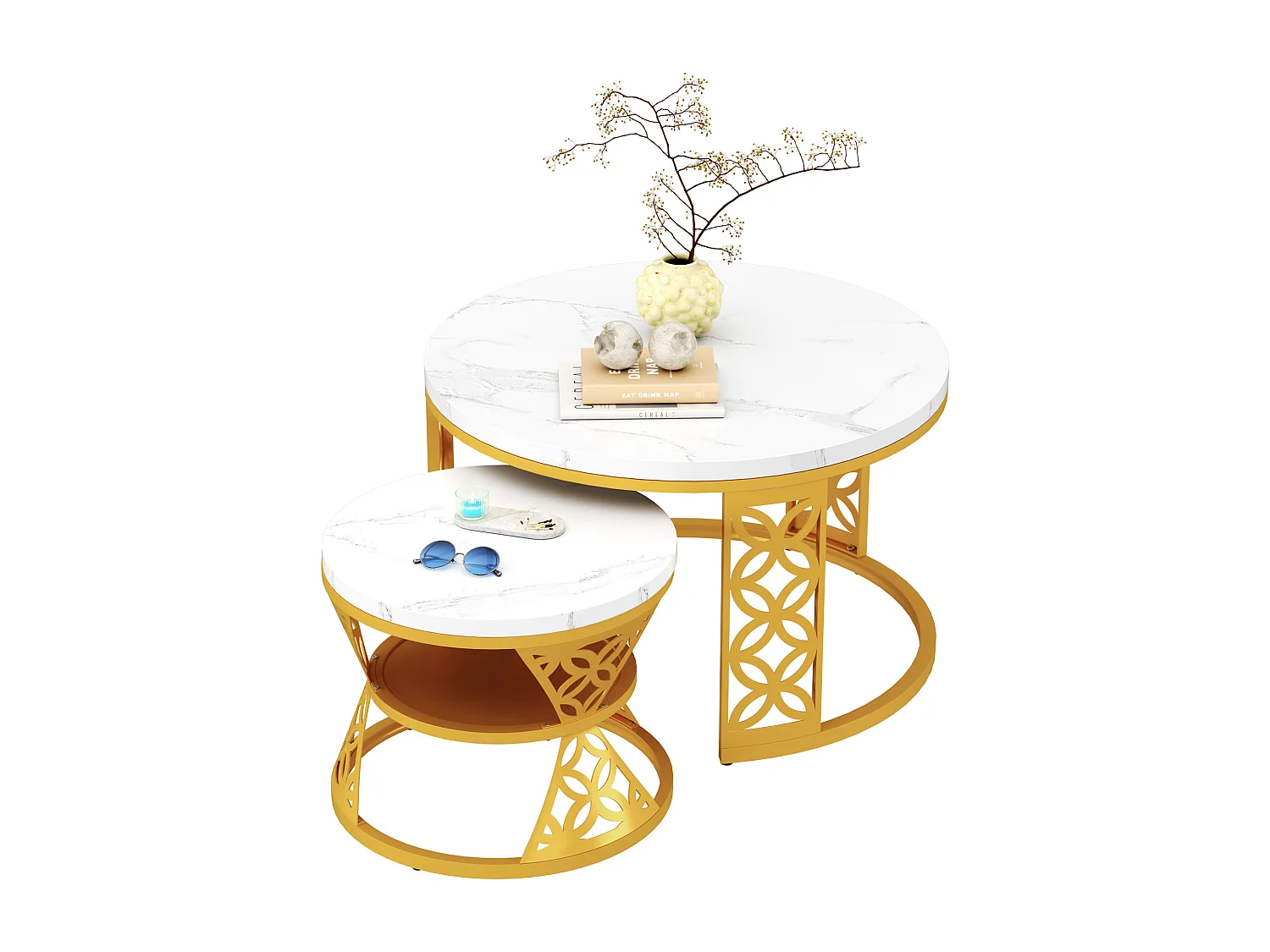 Tables basses gigognes 2 pièces 70×70×45 cm + 45×45×38 cm design contrasté avec placage marbre