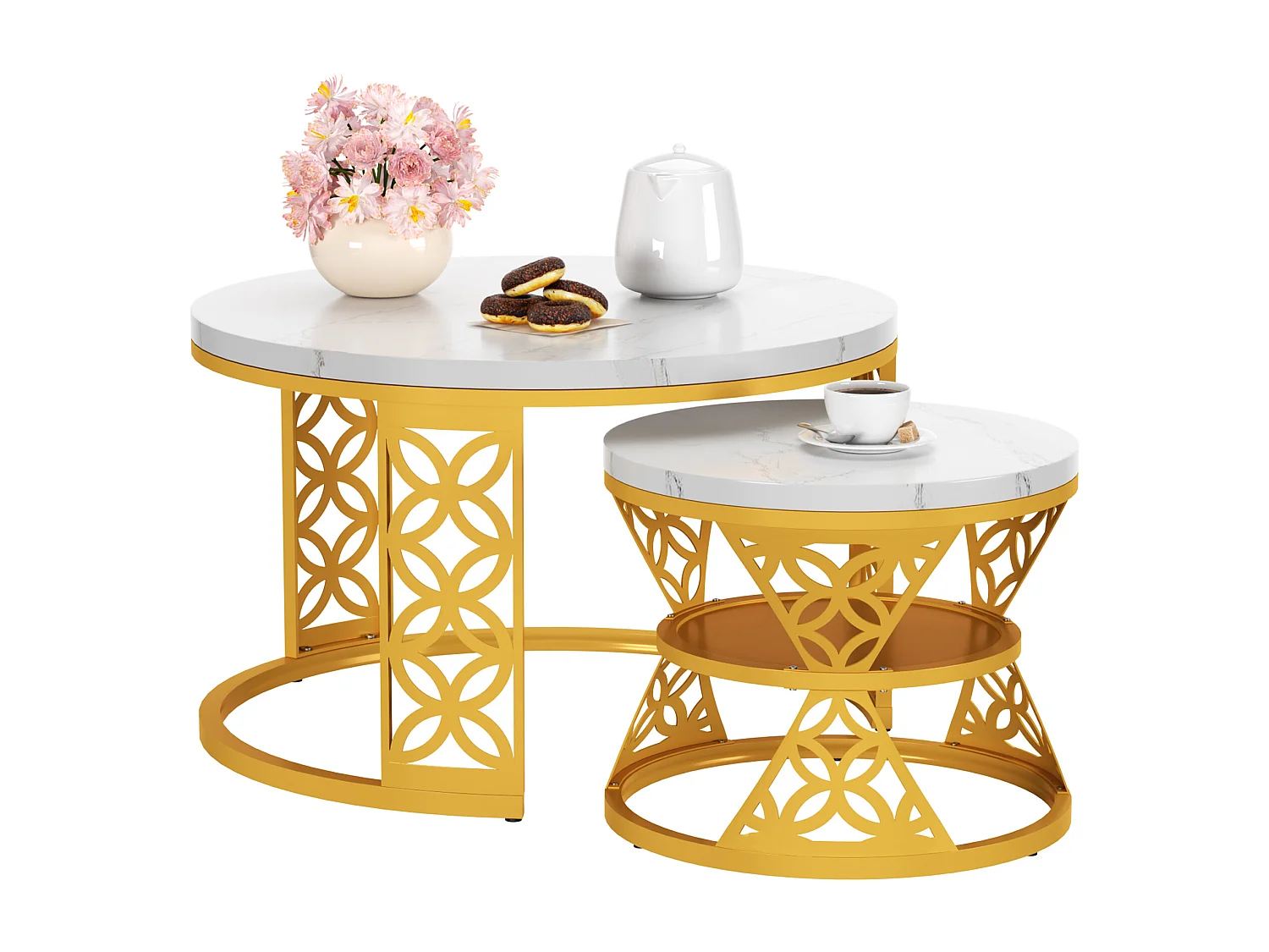 Tables basses gigognes 2 pièces 70×70×45 cm + 45×45×38 cm design contrasté avec placage marbre