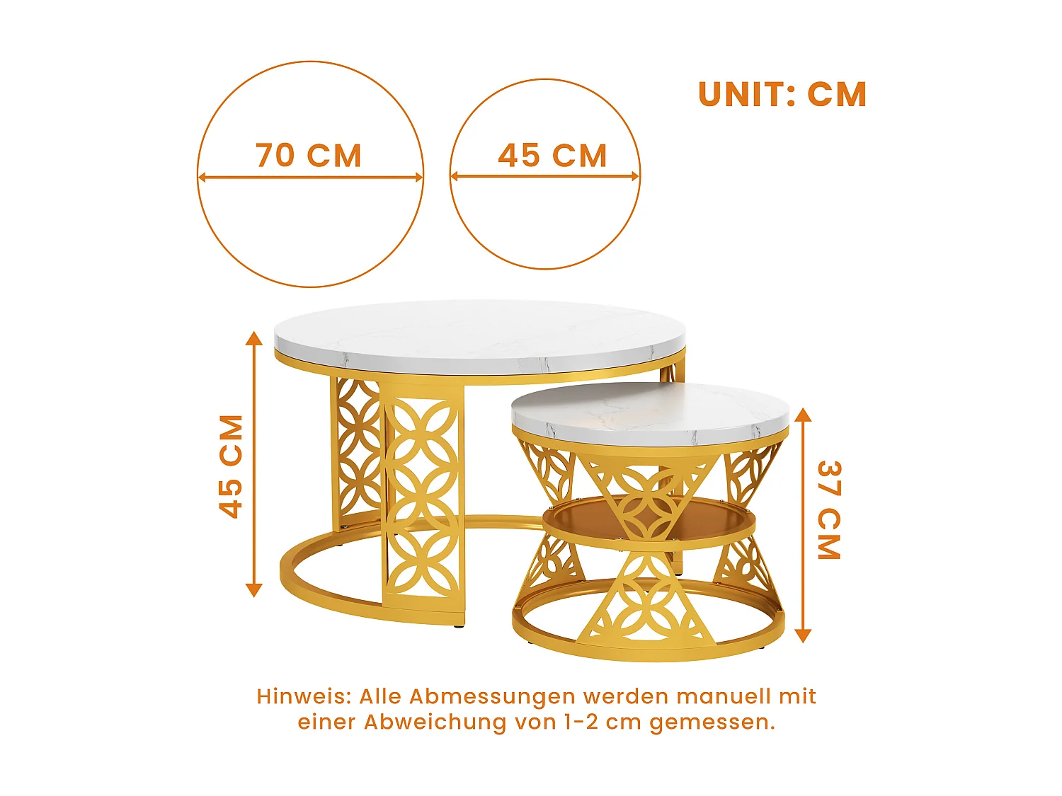 Tables basses gigognes 2 pièces 70×70×45 cm + 45×45×38 cm design contrasté avec placage marbre