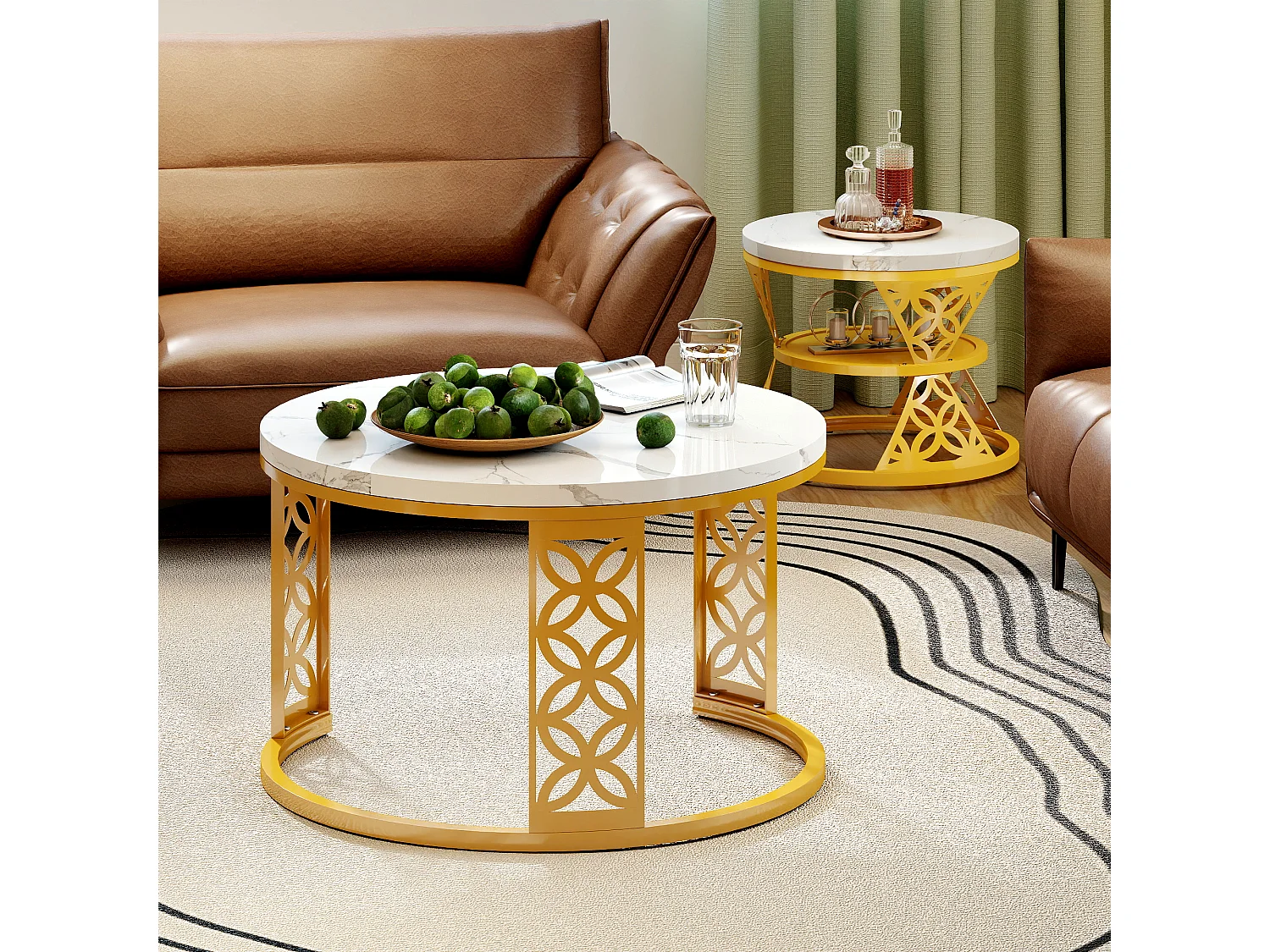 Tables basses gigognes en métal doré et blanc effet marbre - 70 x 70 x 45 cm et 45 x 45 x 37 cm